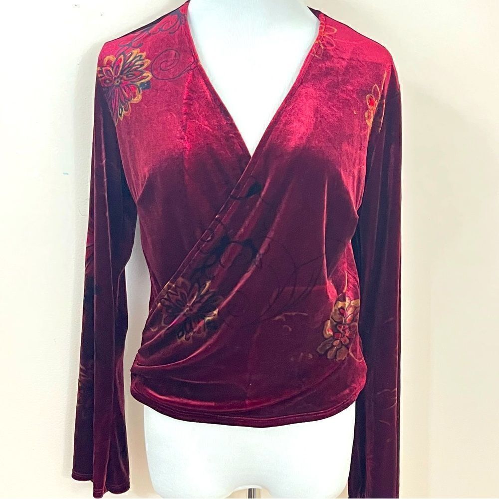 Clio Vintage Y2K Burgundy Velvet Floral Faux Wrap Top L